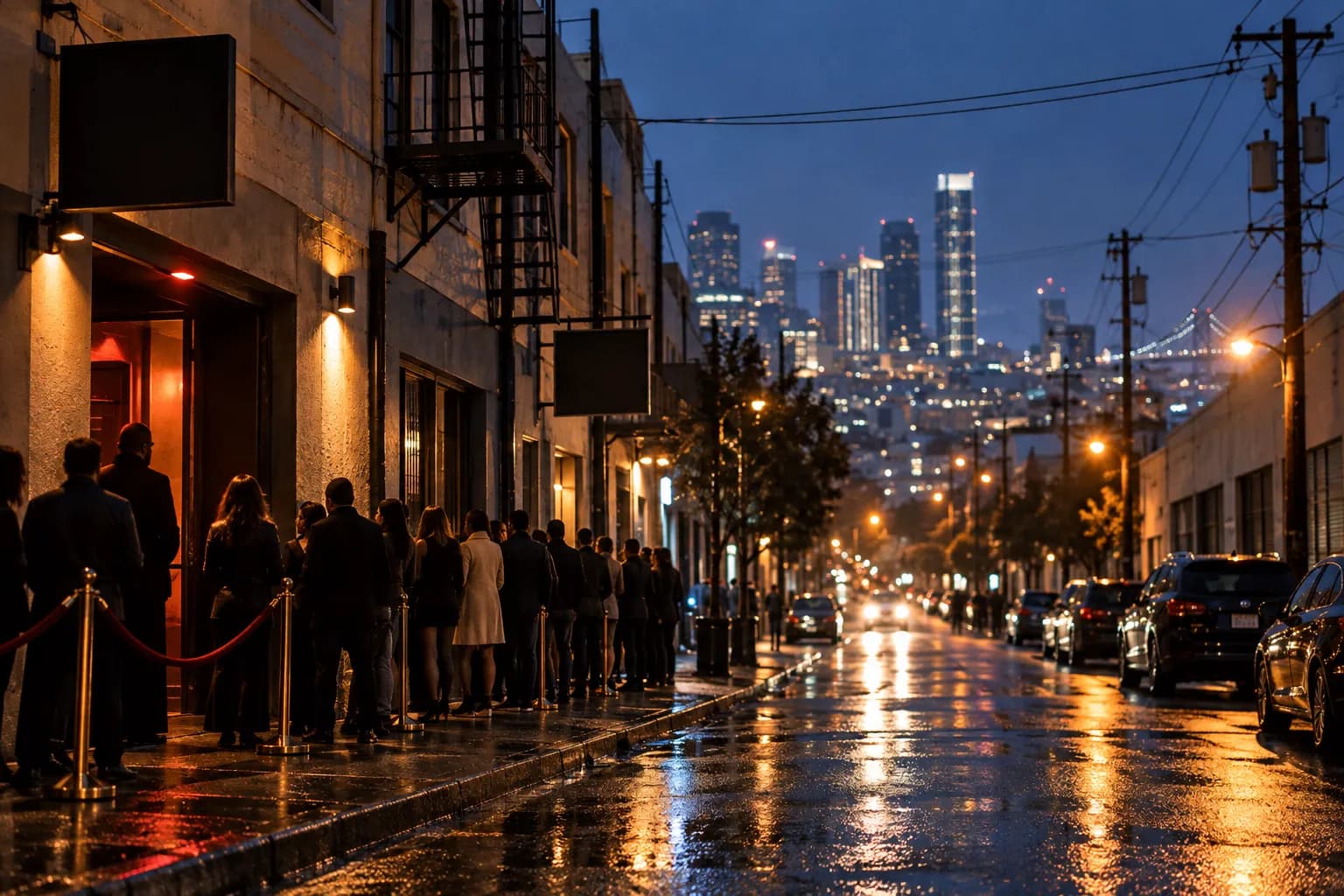 A narrow SoMa street in San Francisco at night with club entrances