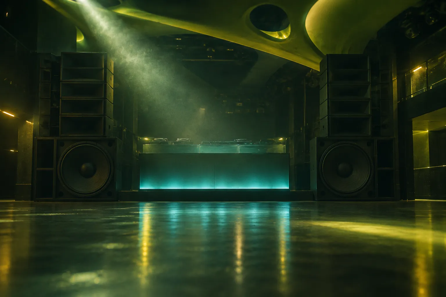 Large speaker stacks either side of a dark club dance floor