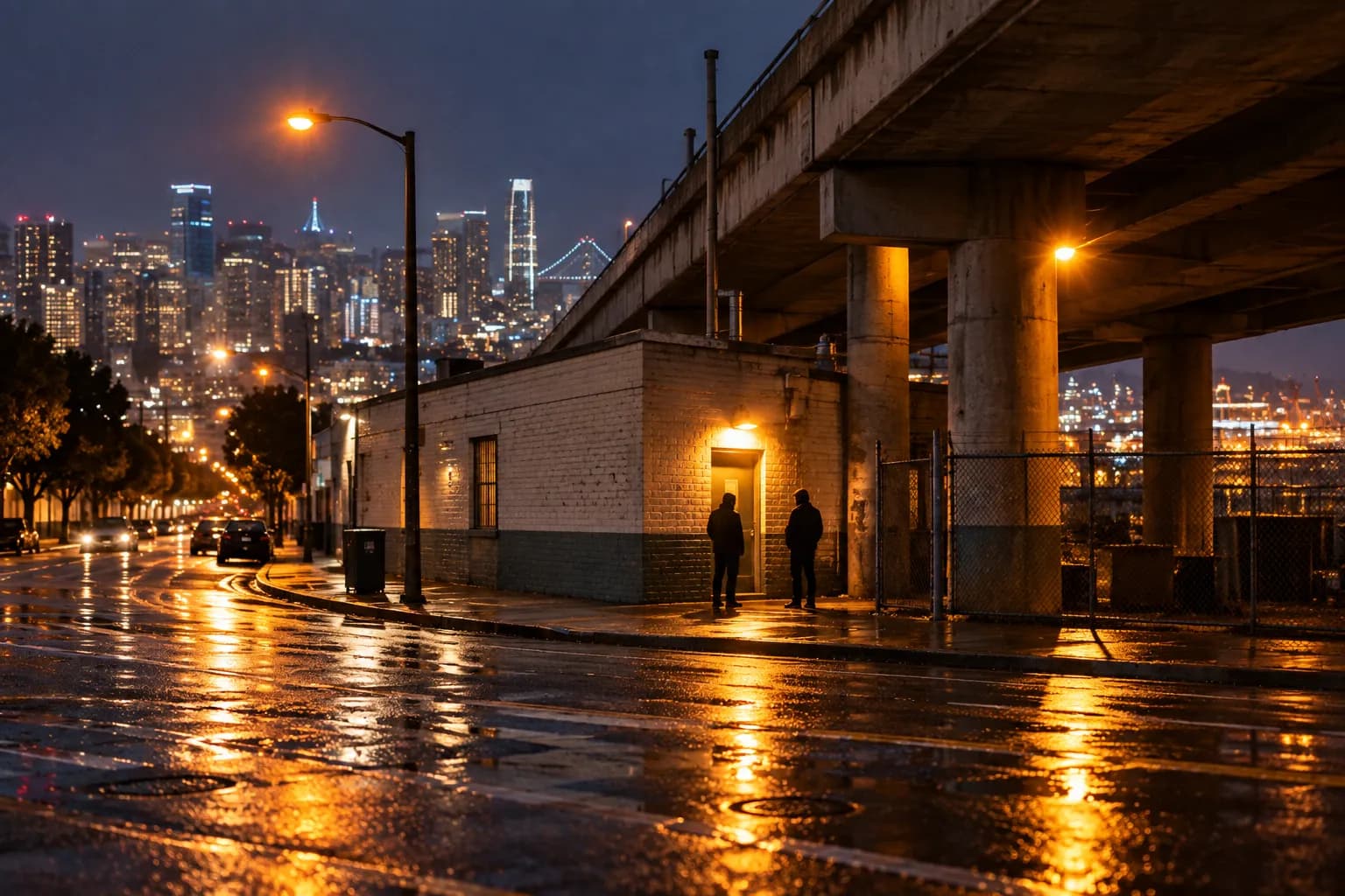 A low club building under a freeway overpass in San Francisco