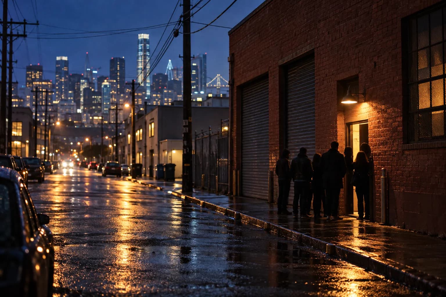 A brick warehouse on a quiet industrial street in San Francisco at night