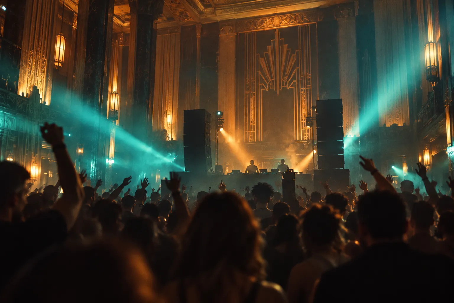 A dark club room with art deco detailing and a large sound system