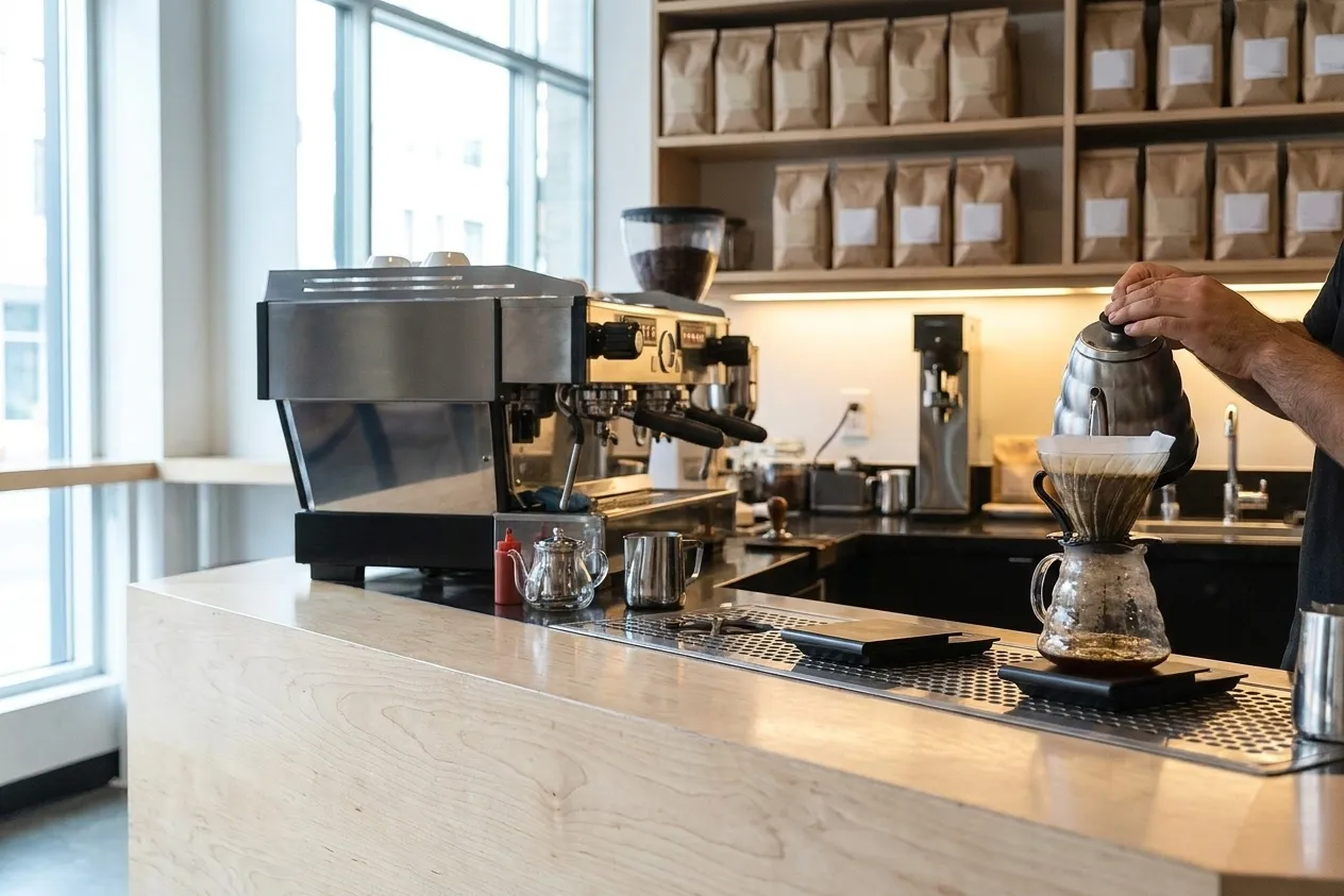 A specialty coffee bar with a low espresso machine, a pour-over station and a barista pouring from a gooseneck kettle in bright morning light