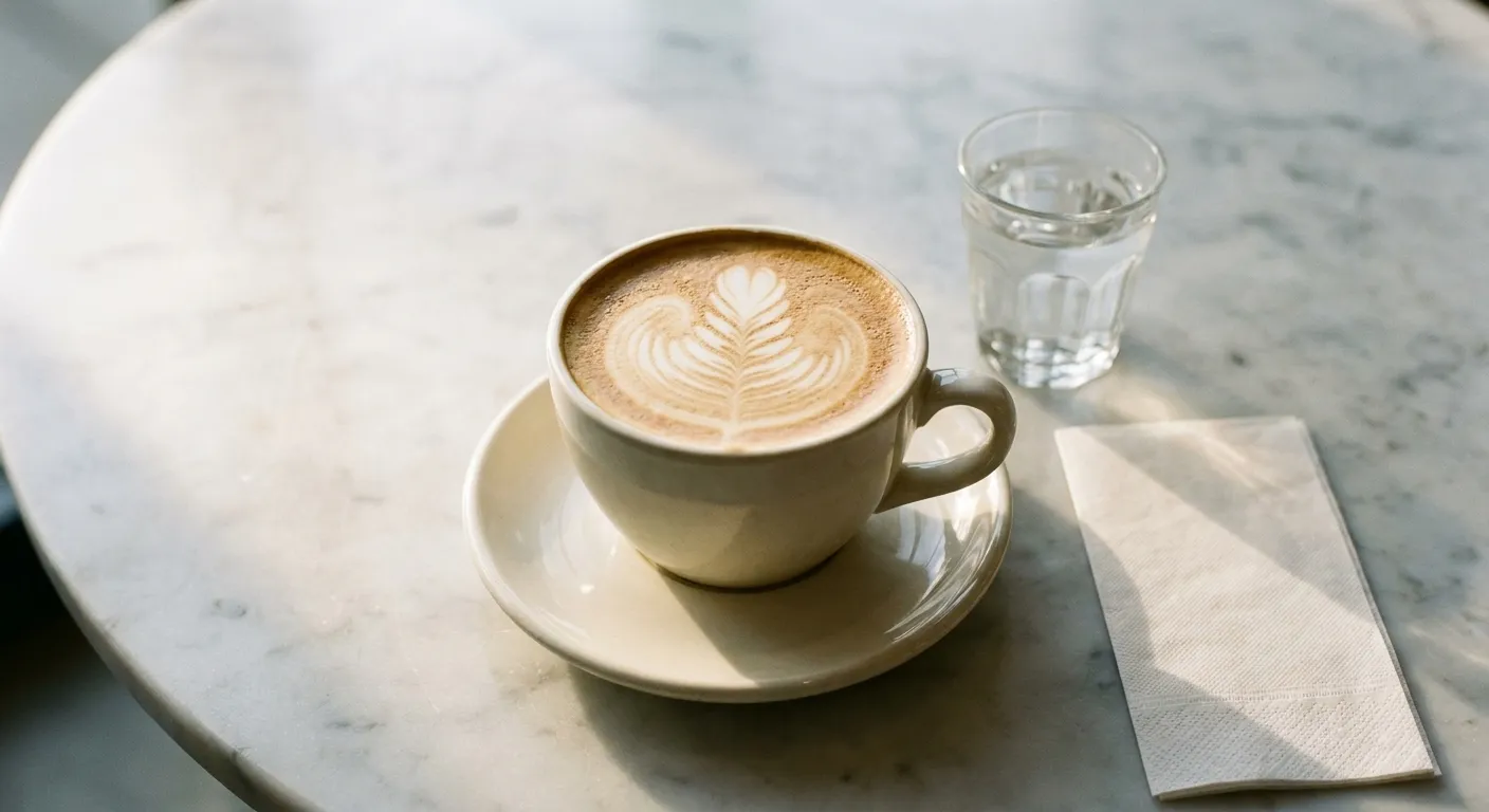 A cappuccino in a heavy ceramic cup with a fern pattern in the crema, beside a glass of water on a pale marble table