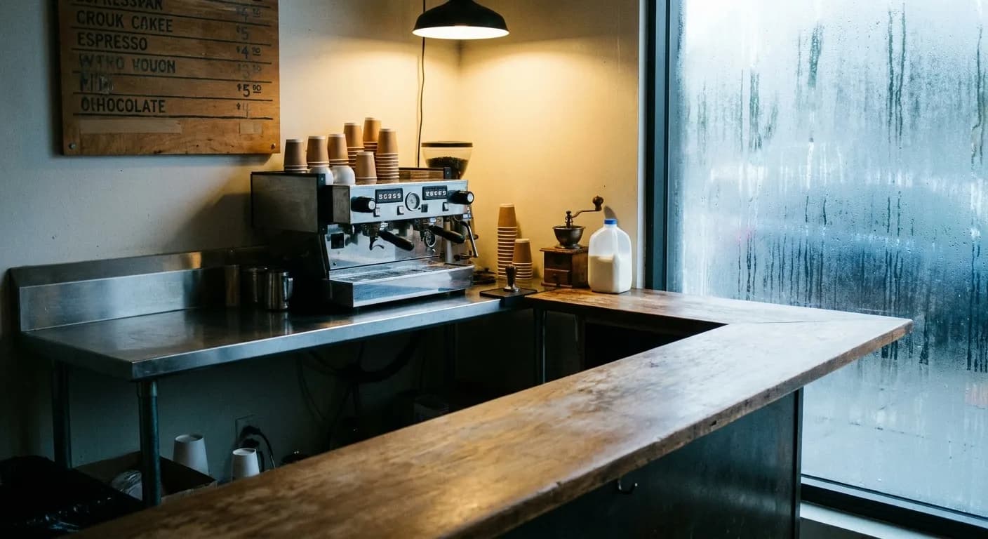 A small no-frills San Francisco coffee counter in the morning, a two-group espresso machine on a stainless bench beside stacked paper cups and a milk jug, with a standing ledge along a fogged window