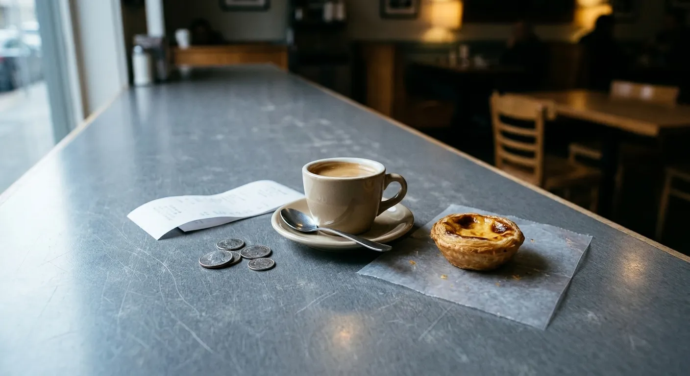 A small cup of coffee and an egg tart on a scratched laminate counter beside a few coins and a folded receipt, lit by grey window light