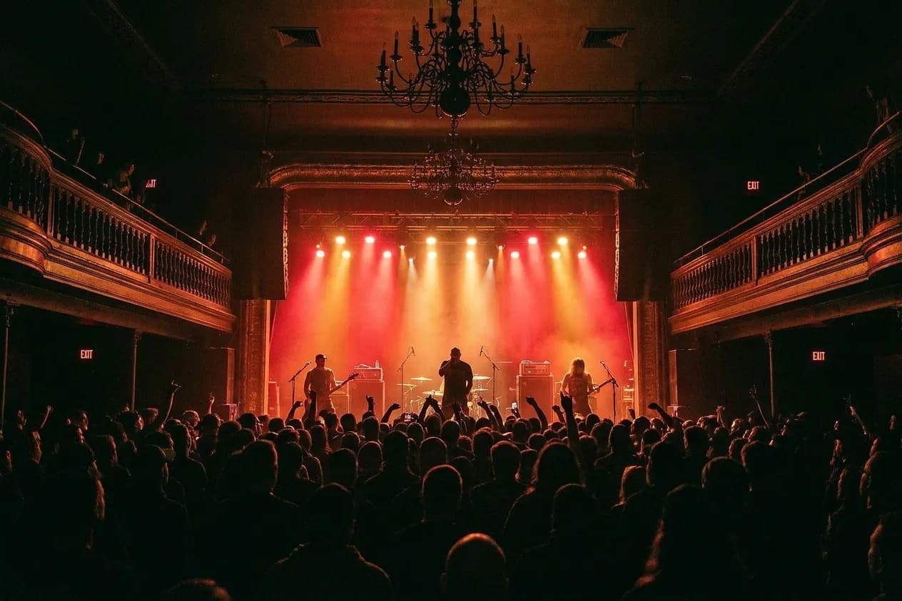 A mid-sized ornate music hall seen from the back of the floor with a band silhouetted in red and amber wash above a dense crowd