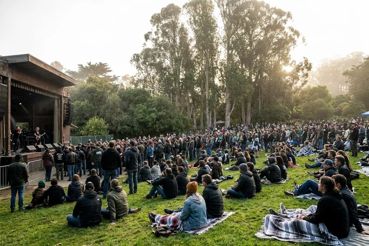 An outdoor concert crowd on park grass in late afternoon with eucalyptus behind and low sun through thin fog