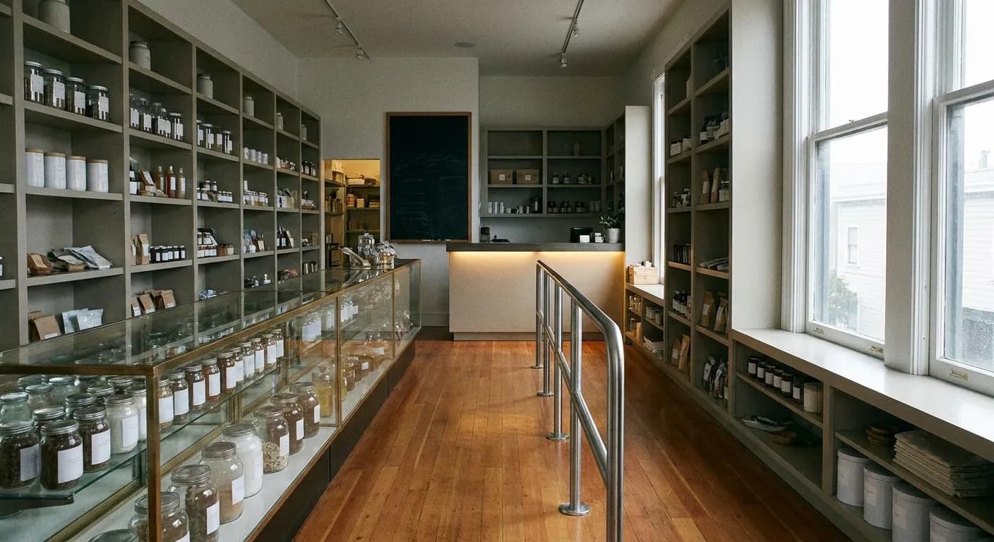 A tidy San Francisco retail interior with a long glass display case, a queue rail and grey light from a tall sash window