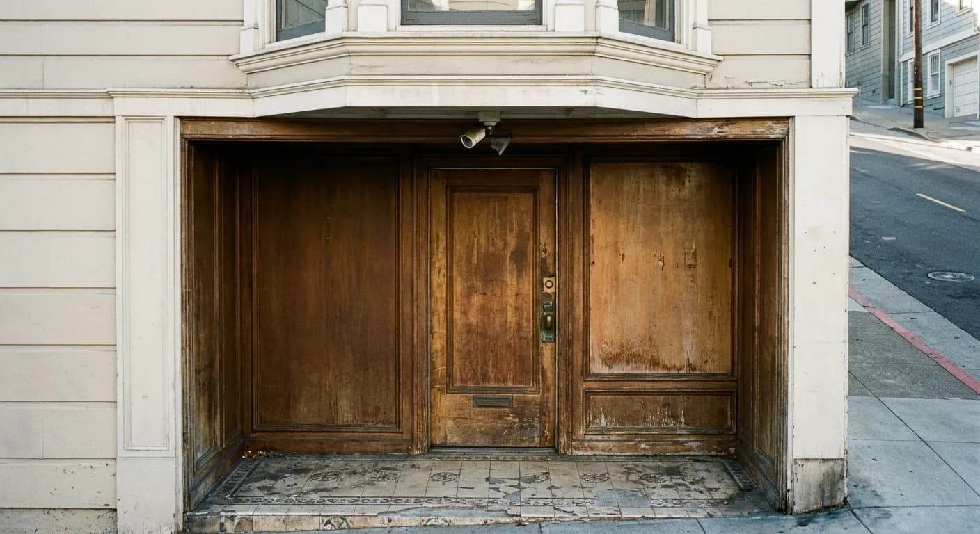The recessed entrance of a small San Francisco retail unit with a blank panel beside the door and a Victorian facade above