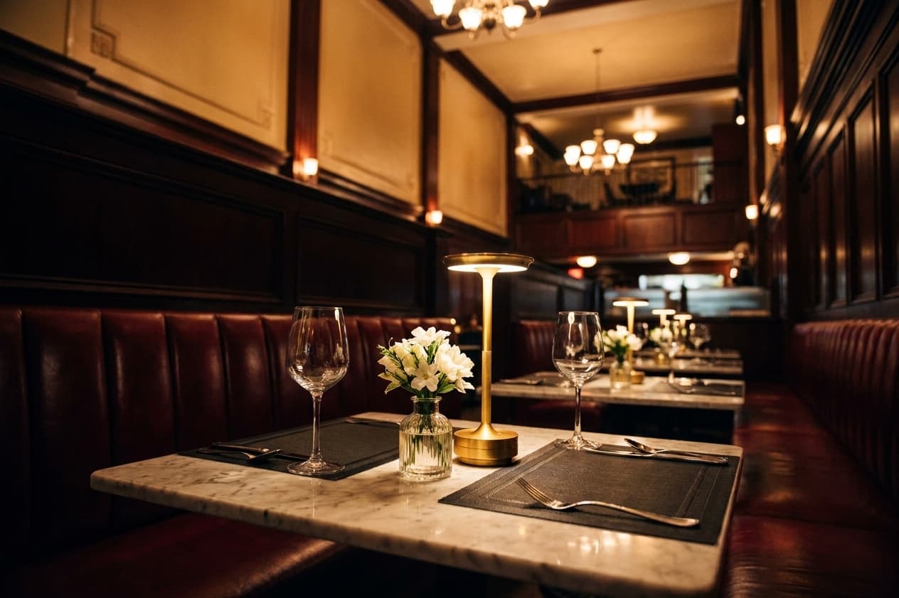 A candlelit marble two-top set with wine glasses and white flowers in a dark wood-panelled dining room with red leather banquettes