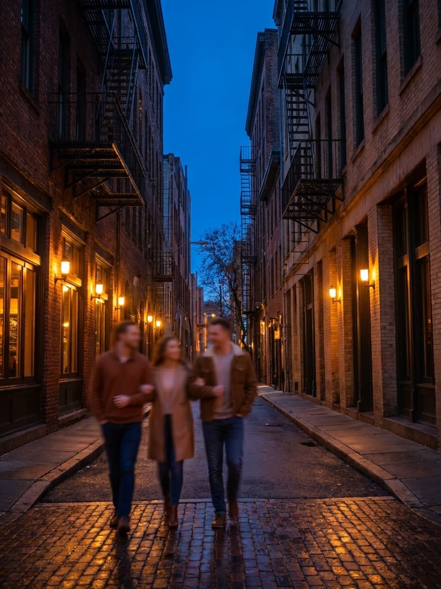 A narrow brick alley in San Francisco's Jackson Square at blue hour, warm light spilling from ground-floor restaurant windows