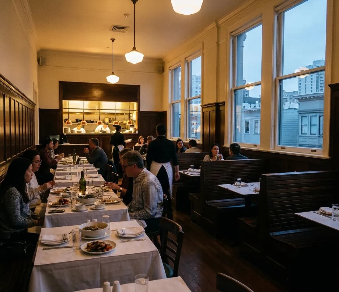 An established San Francisco dining room mid-service with banquettes under tall windows and a lit service pass at the back