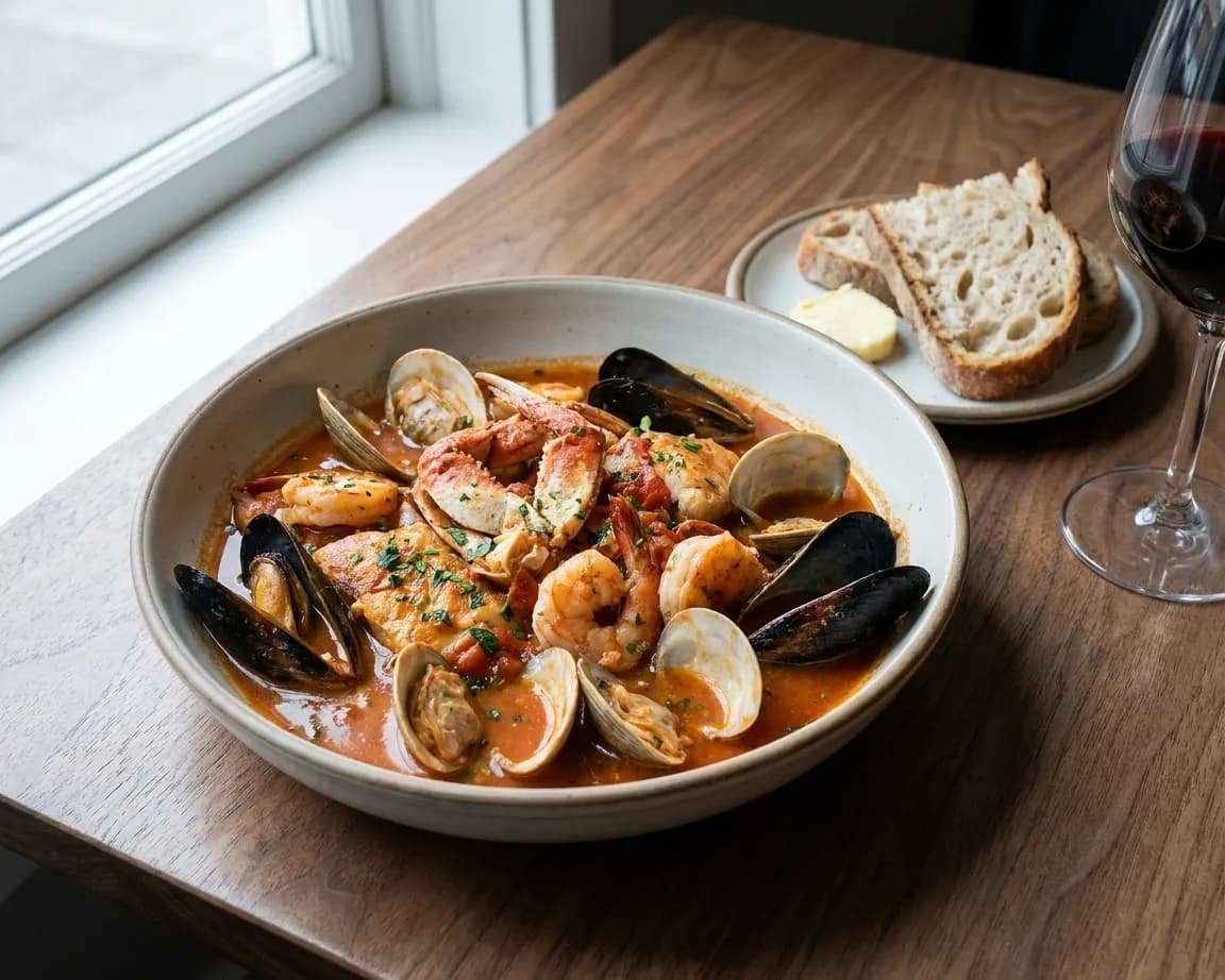 A wide shallow bowl of seafood and broth on a bare walnut table beside bread and a wine glass, lit by cool window light
