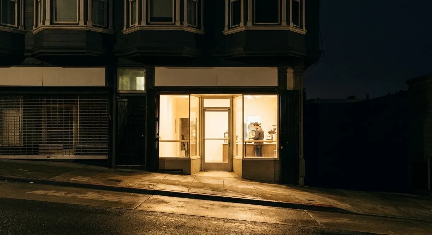 A small lit San Francisco retail frontage at night beside a shuttered neighbour, with a person visible at the counter inside