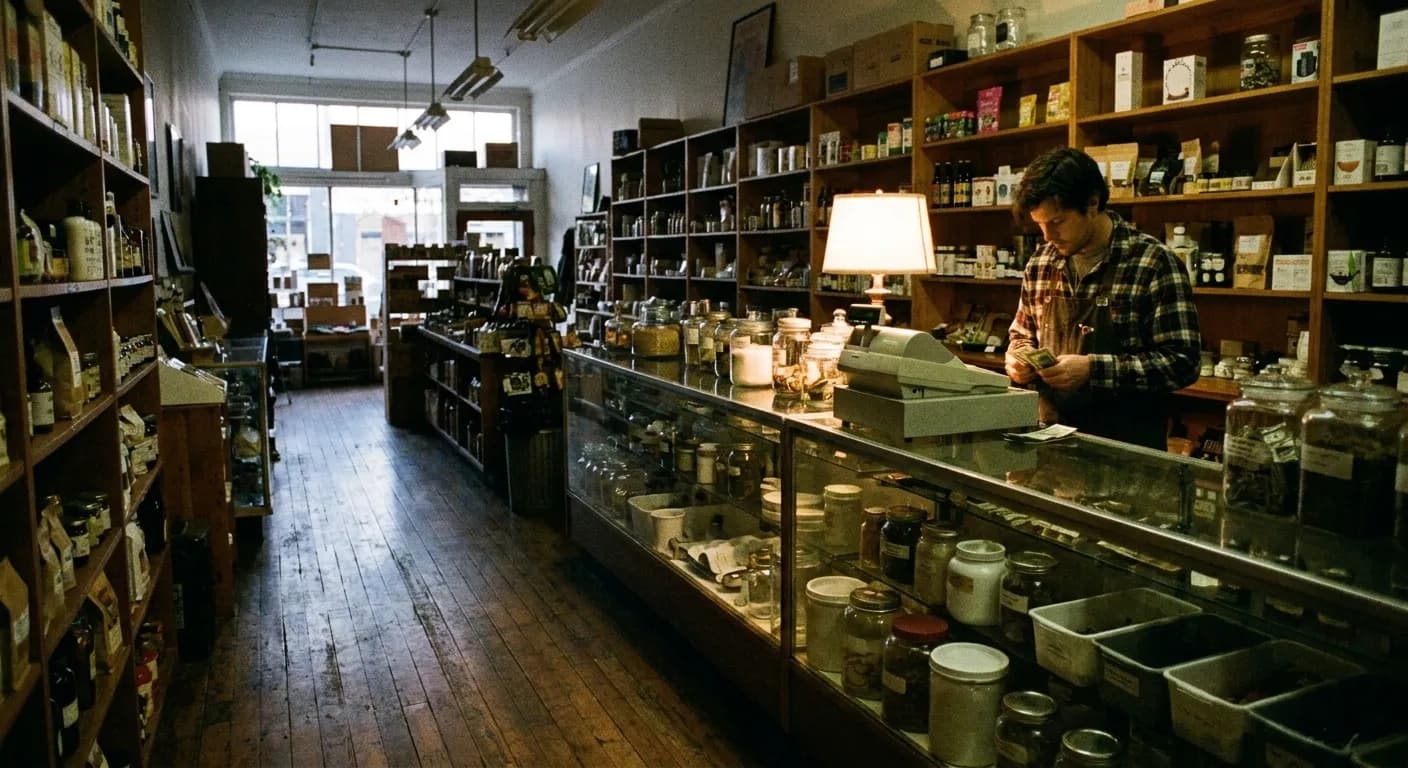 A compact San Francisco retail interior at closing time with a glass display counter and half the lights already off