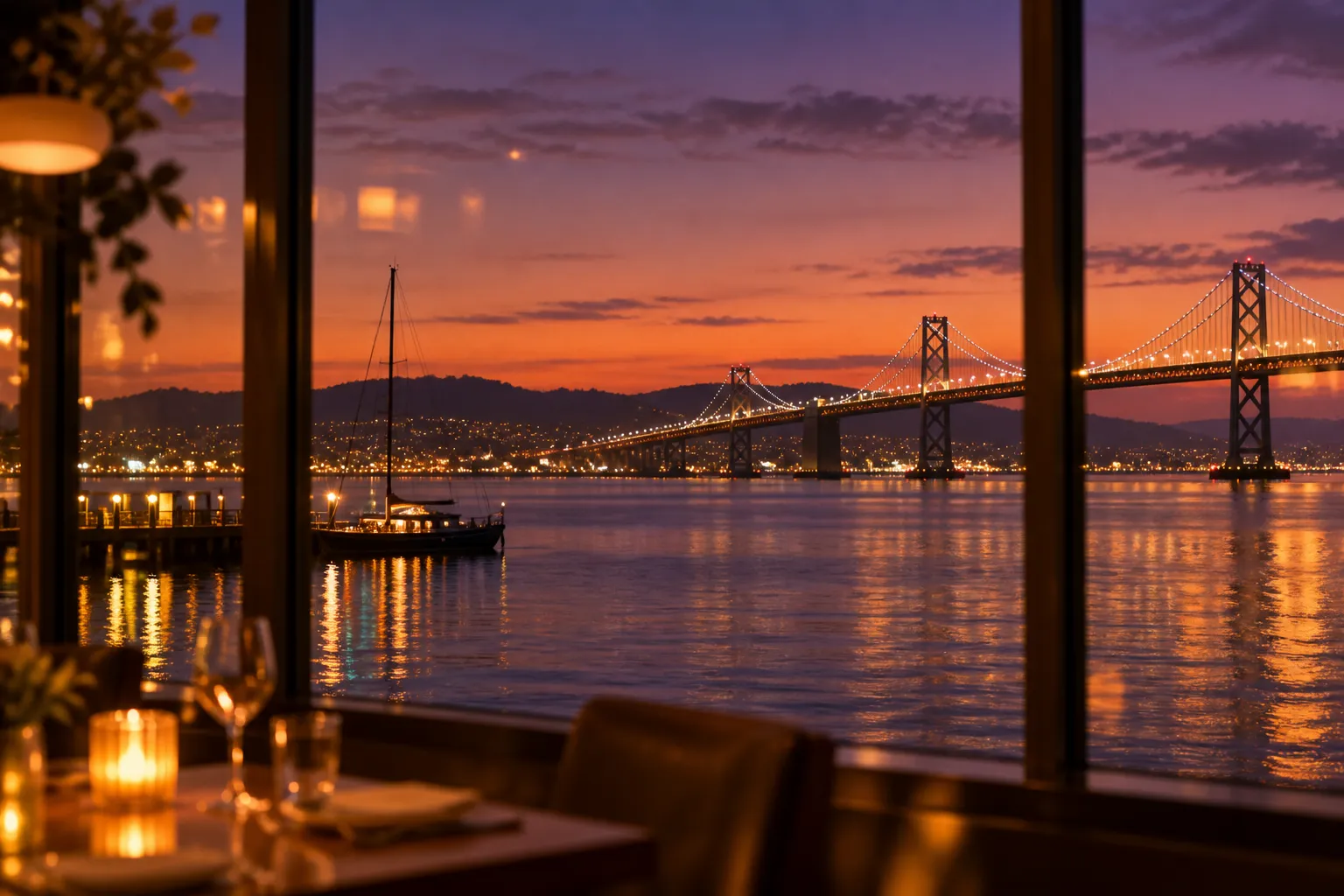 A waterfront restaurant window looking out over a bay at dusk