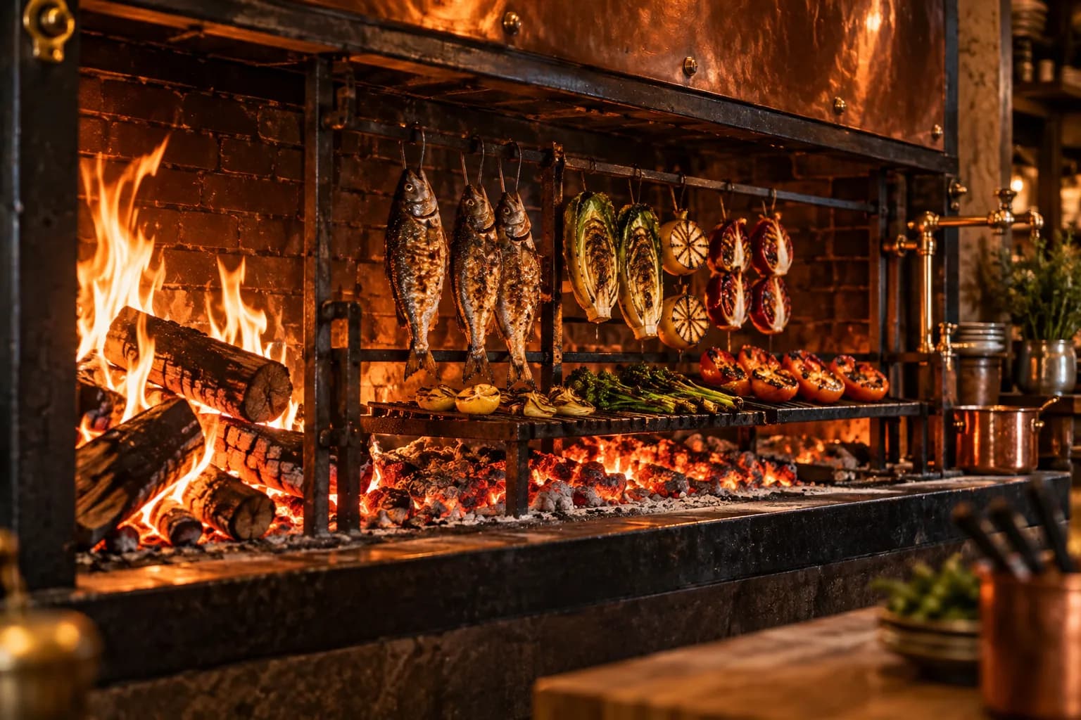 A long open wood-fired hearth with fish and vegetables cooking over embers