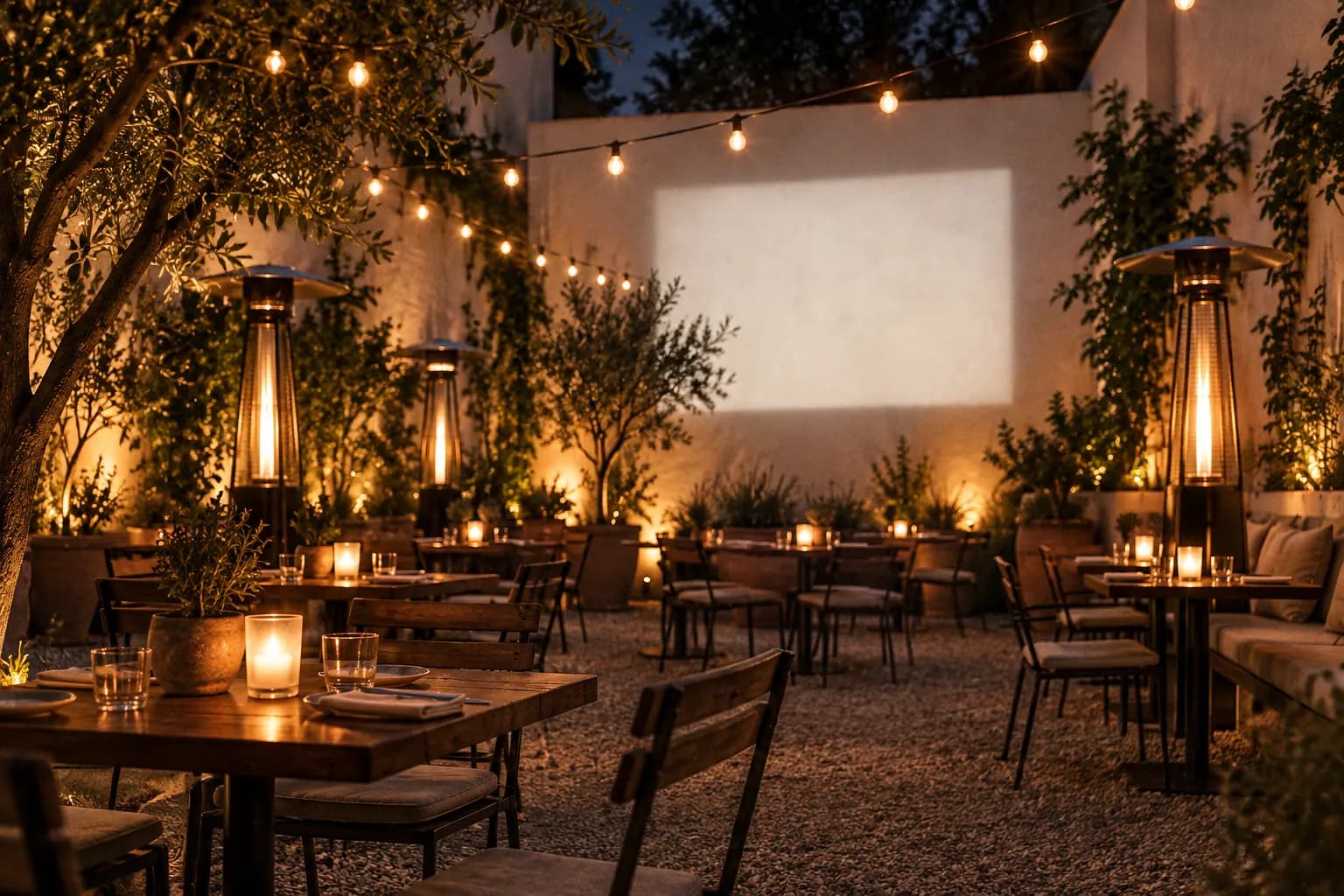 A walled outdoor courtyard at night with a projected image on the wall