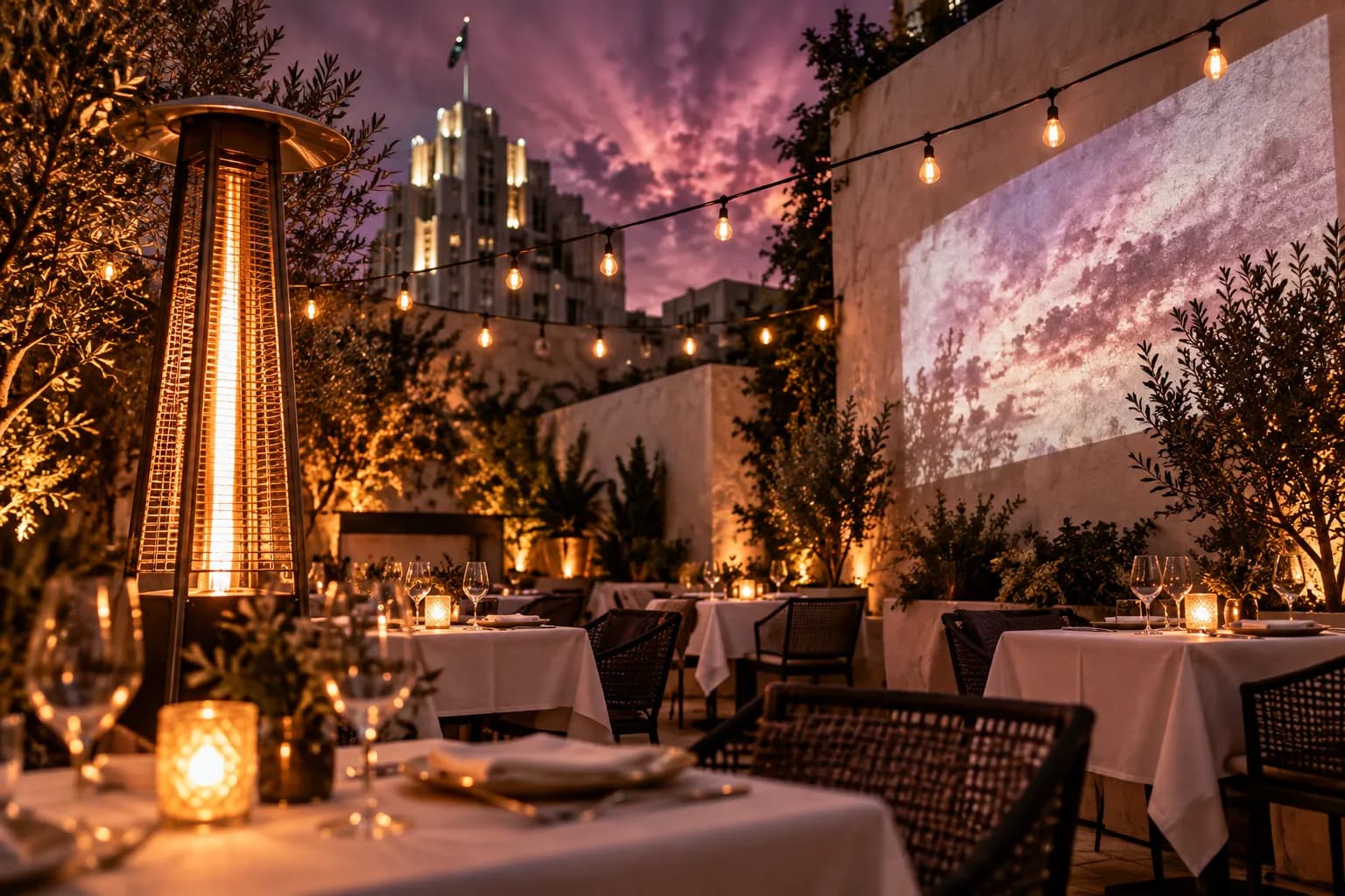 A heated courtyard with string lights and a bright rectangle of projected light