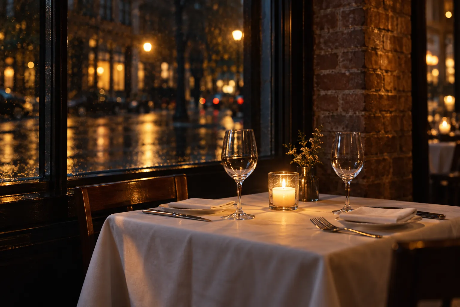 A candlelit restaurant table beside a tall window at night