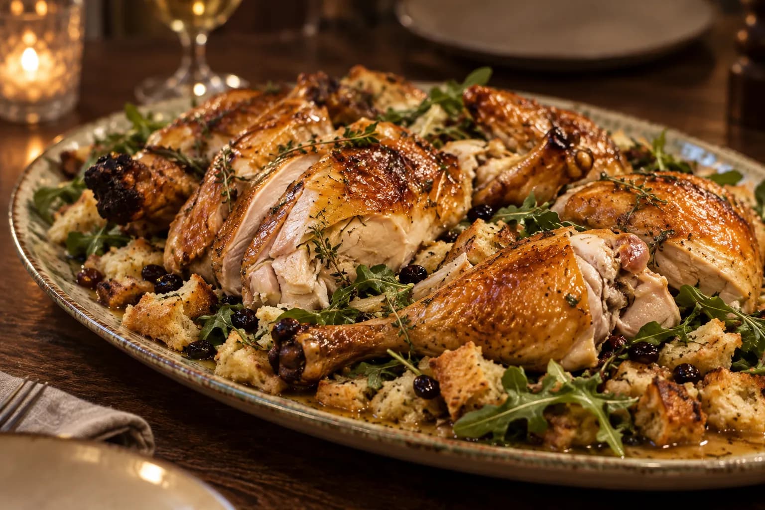 A whole roast chicken over a bread salad on a large platter