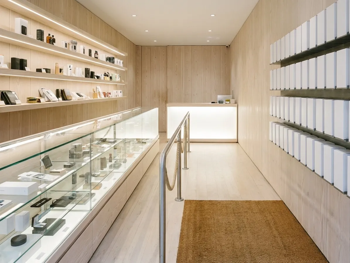 A clean modern retail interior with a long lit glass display counter, pale timber walls and a rack of blank product boxes