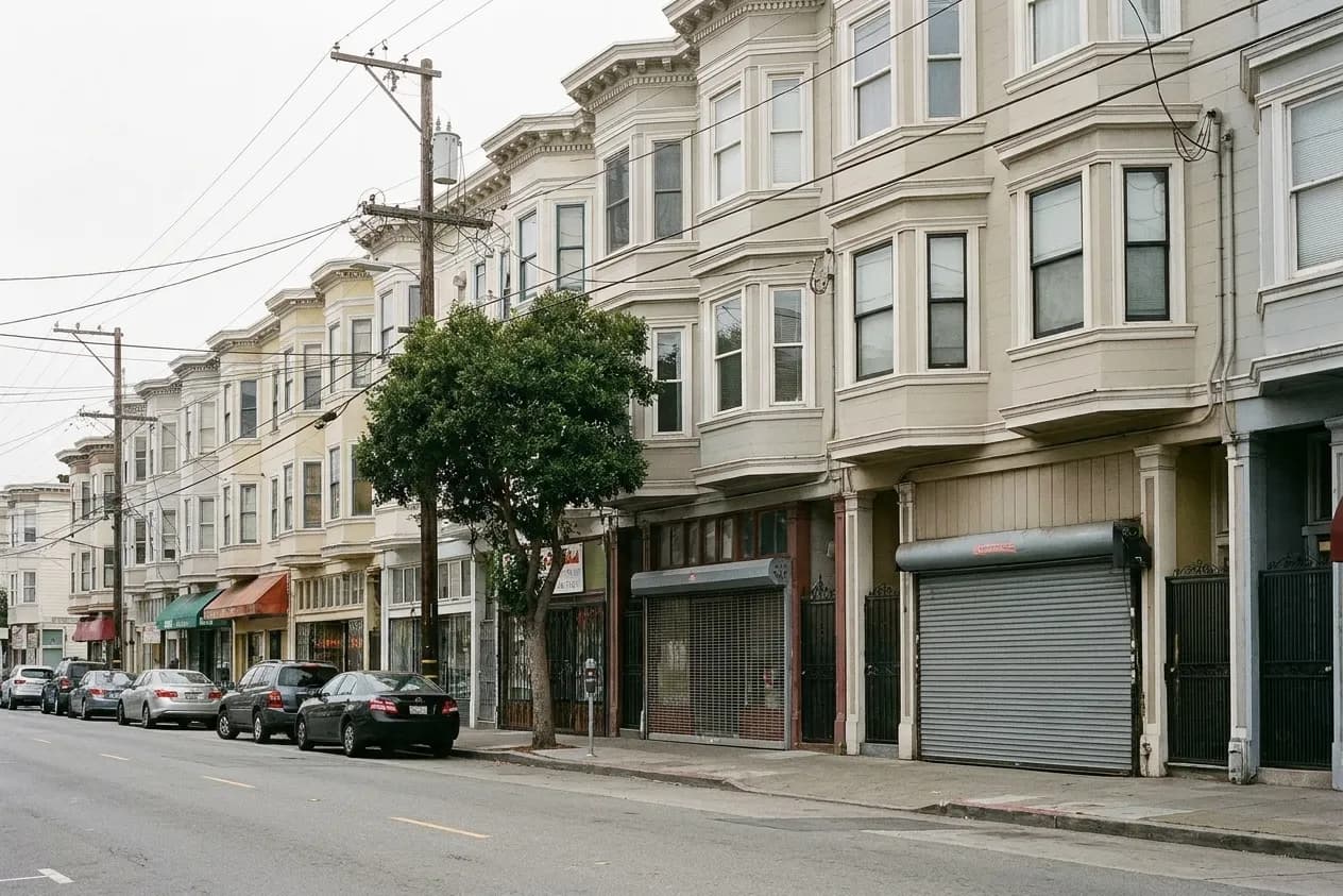 A row of narrow San Francisco shopfronts under bay-windowed flats with a street tree at the kerb in flat overcast daylight