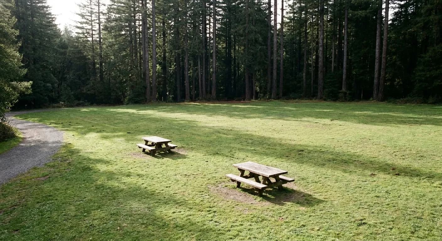 A grassy picnic meadow with timber tables at the edge of a Northern California redwood grove under bright overcast light