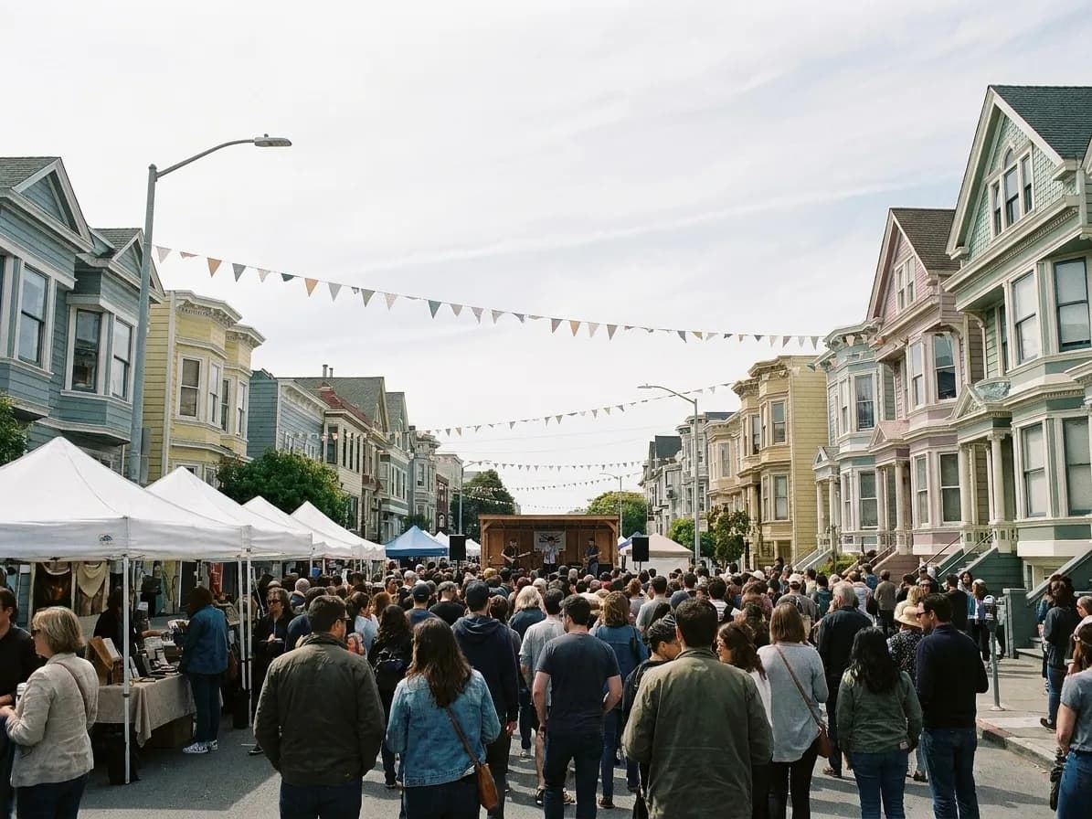 A dense crowd filling a closed San Francisco block between Victorian frontages, with canopy stalls along one kerb and a small stage at the end