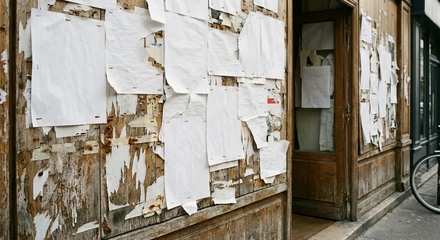 A wall beside a doorway thick with layers of overlapping blank flyers, torn edges and staple marks