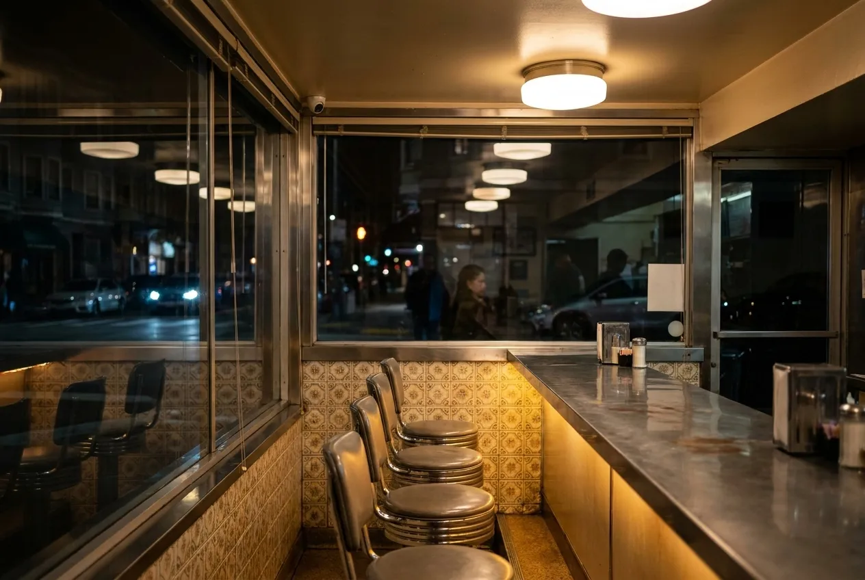 A narrow diner counter with stools, lit warm against the dark outside