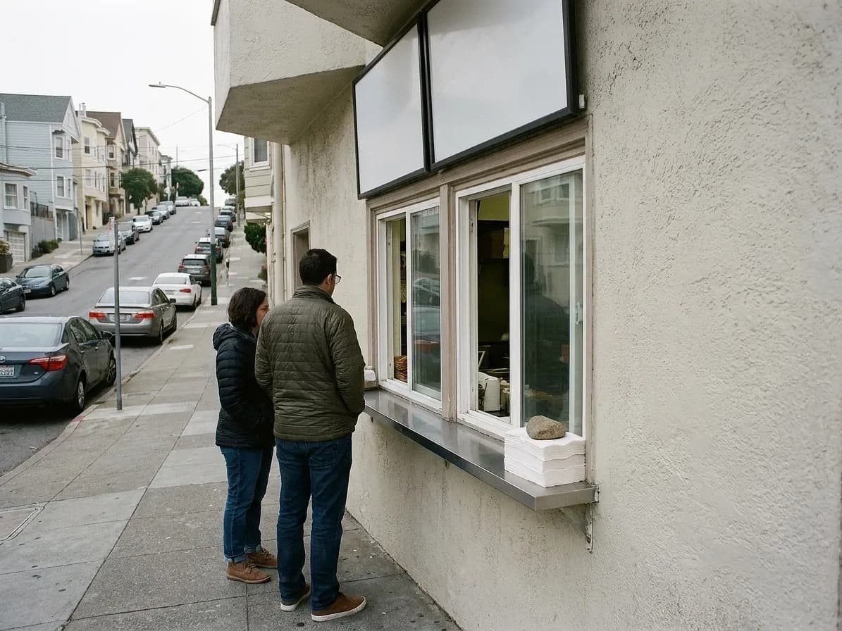 A walk-up food hatch in a painted stucco frontage on a steep San Francisco street with two people waiting at a narrow steel shelf