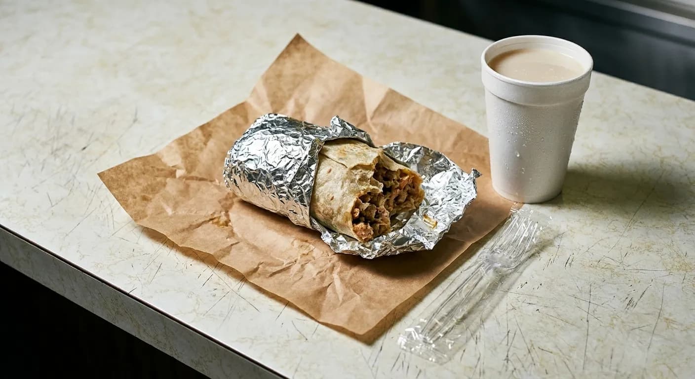 A foil-wrapped burrito half unwrapped on butcher paper beside a sweating paper cup on a scratched formica counter