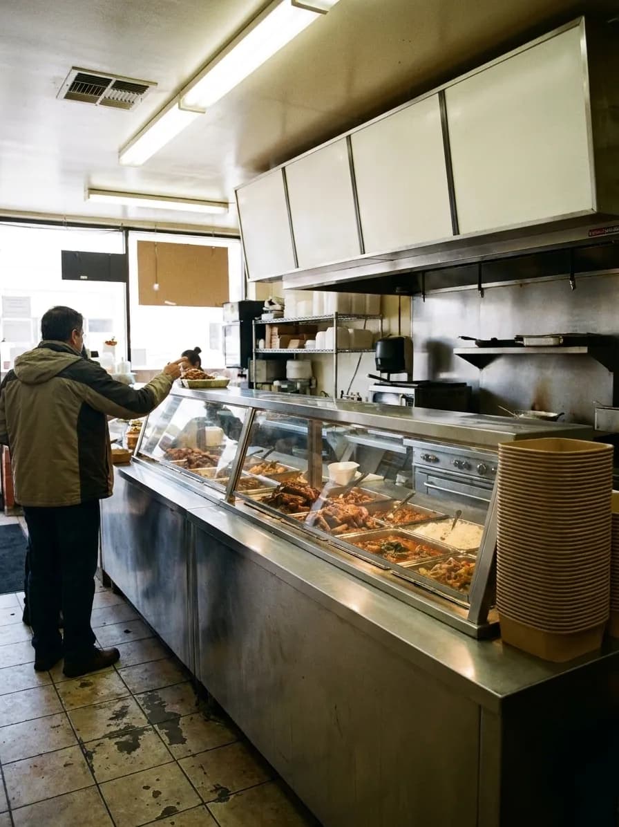 A small San Francisco takeaway counter with a glass-fronted steam table, stacked paper containers and a blank menu board above