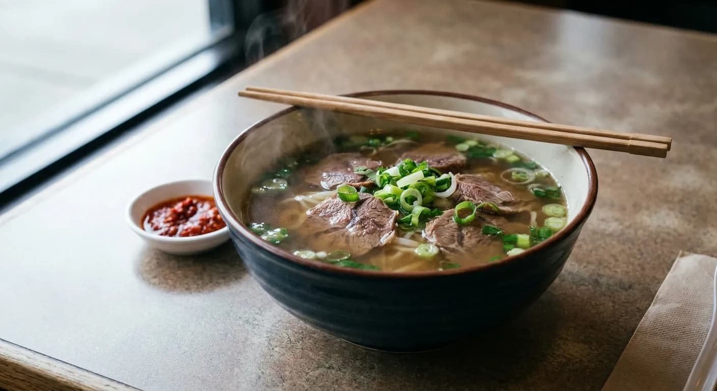 A deep bowl of noodle soup on a laminate table with chopsticks across the rim and a small dish of chilli beside it