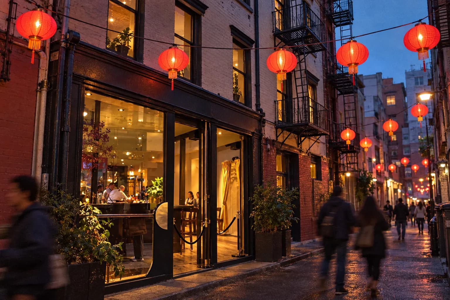 A brick restaurant building lit from within on a narrow San Francisco Chinatown alley at dusk, red paper lanterns strung overhead