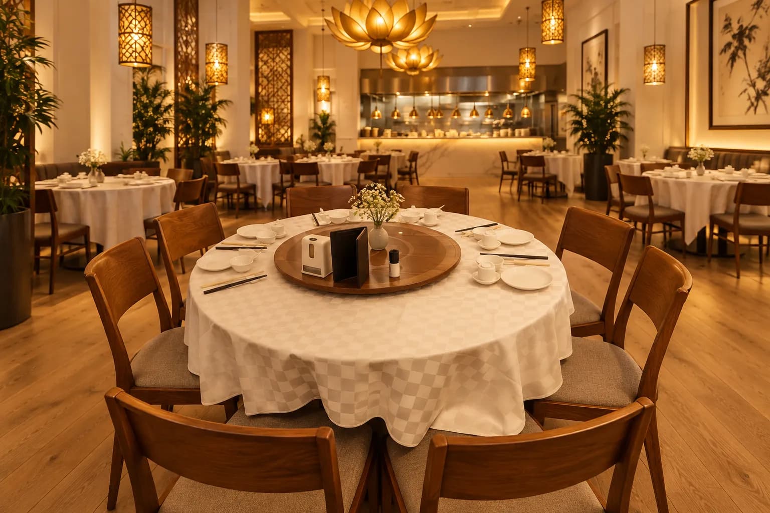 A high-ceilinged Chinese restaurant dining room with gold lotus chandeliers, pale wood floors and round tables set before service