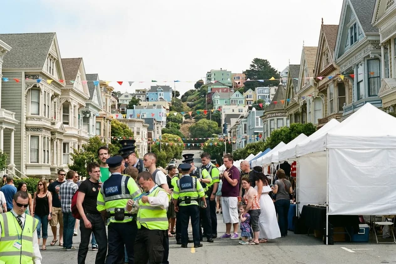 A San Francisco street closed for a festival with people filling the roadway between Victorian buildings and stalls under white canopies