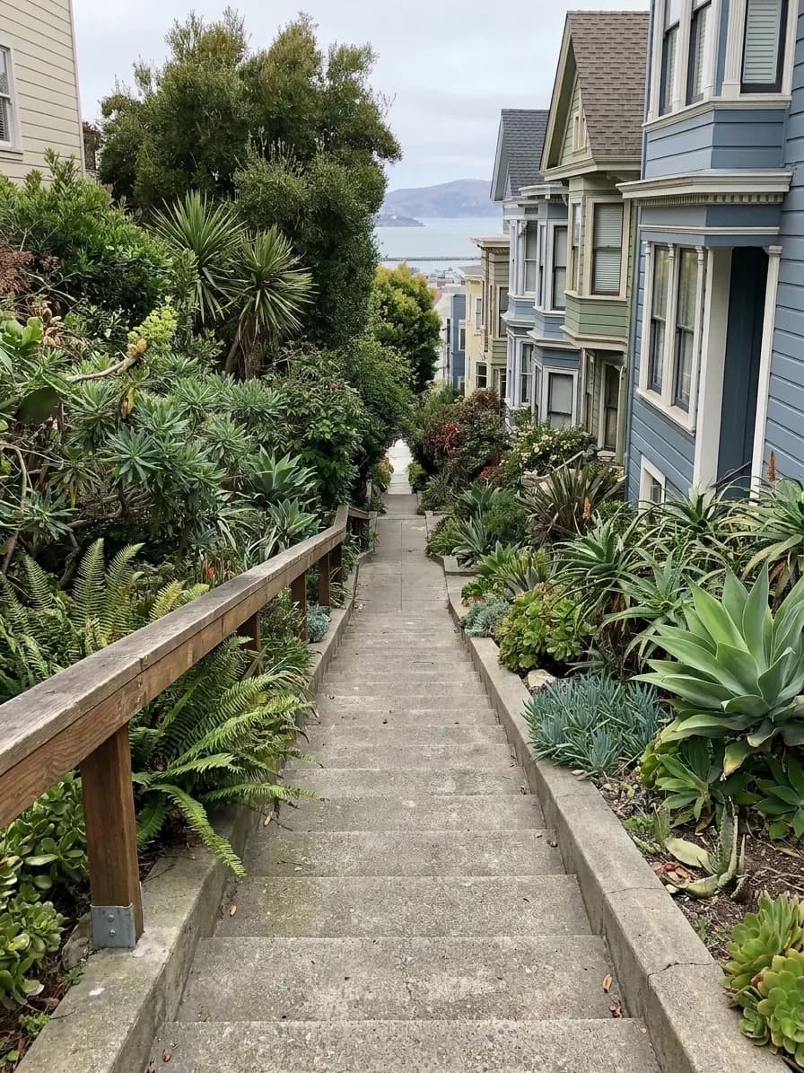 A long public stairway climbing between dense planting and house walls with a slice of bay visible through a gap at the top