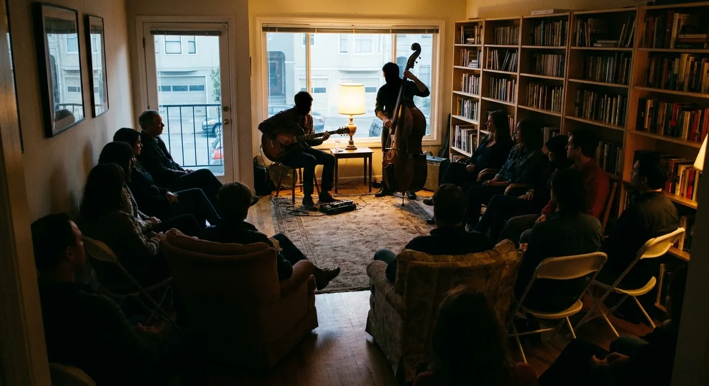 A duo playing on a rug in the corner of a small San Francisco room, guitarist and stand-up bass lit by a single lamp with twenty people on mismatched chairs and bookshelves behind