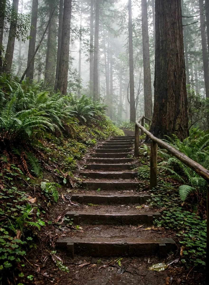 Timber-edged earth steps climbing a damp wooded Bay Area slope with ferns, leaf litter and mist between the trunks
