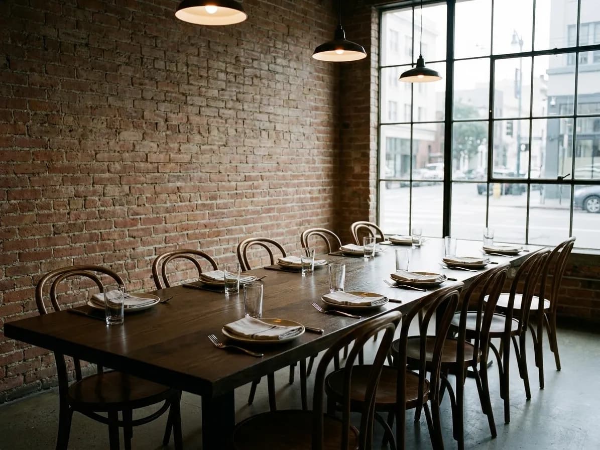 A long shared table in a San Francisco restaurant laid for twelve, with brick on one wall and tall windows opposite