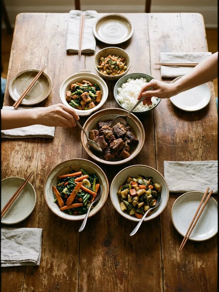 A family-style spread of six shared dishes in mismatched bowls on a worn wooden table with hands reaching in