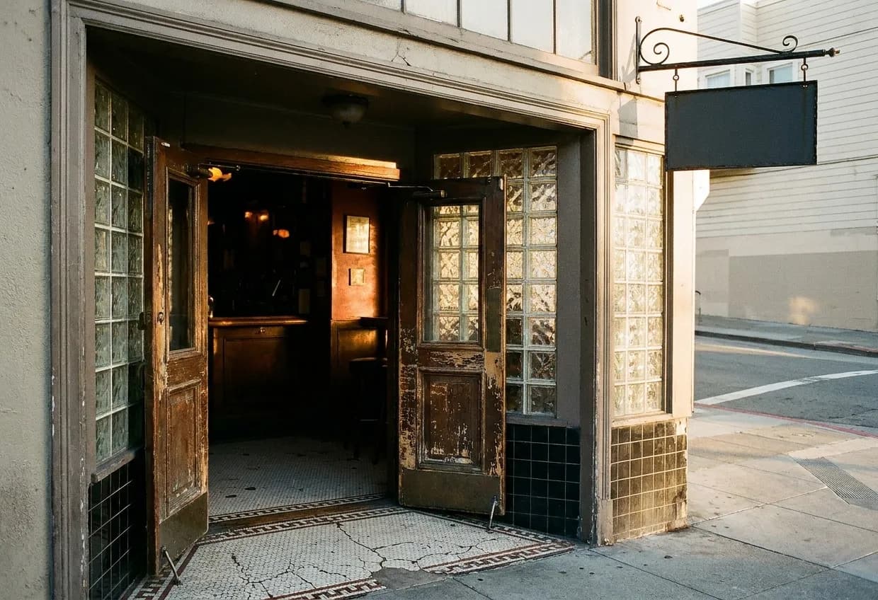 The recessed doorway of an old San Francisco neighbourhood bar in late afternoon, worn tile underfoot and a heavy timber door propped open beside a glass block window catching low sun