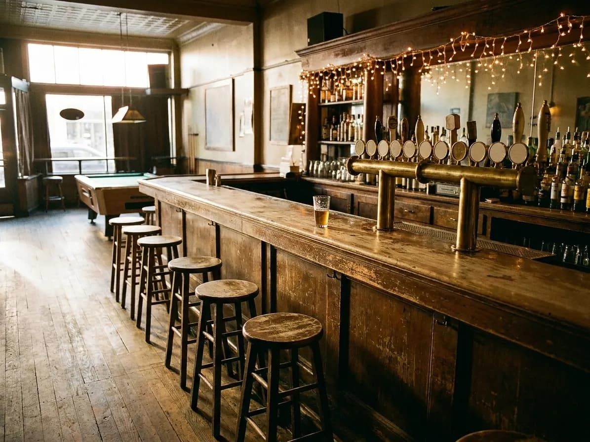 The inside of a San Francisco dive bar at five in the afternoon, a scuffed wooden bar with empty stools and blank tap handles, string lights over the back bar and daylight falling across the floorboards