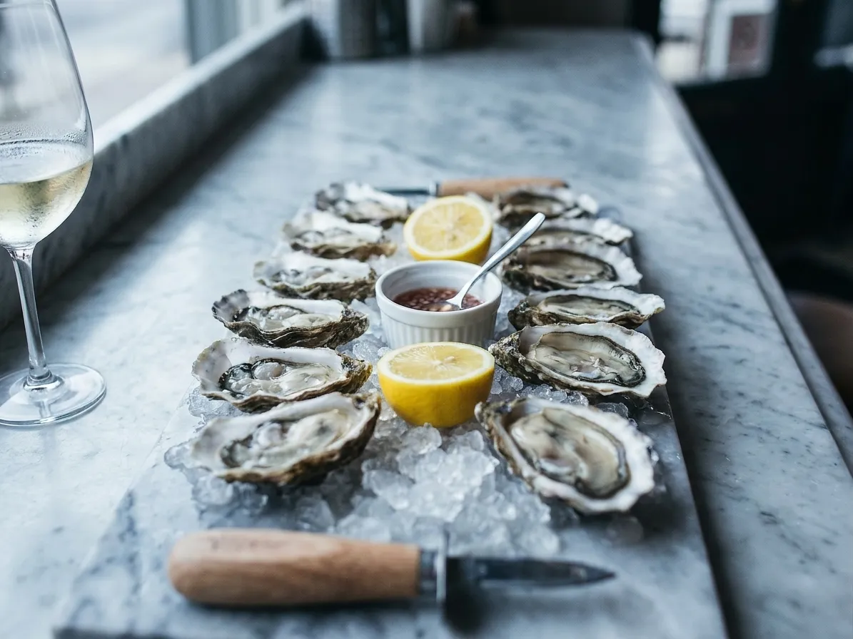 A dozen oysters on crushed ice in two rows on a marble bar top with lemon halves, a dish of sauce and a shucking knife at the edge
