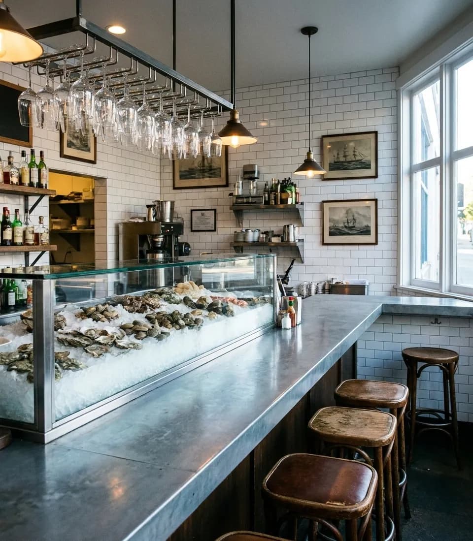 A small San Francisco raw bar with a zinc counter receding right, shells on crushed ice behind glass and hanging glassware above