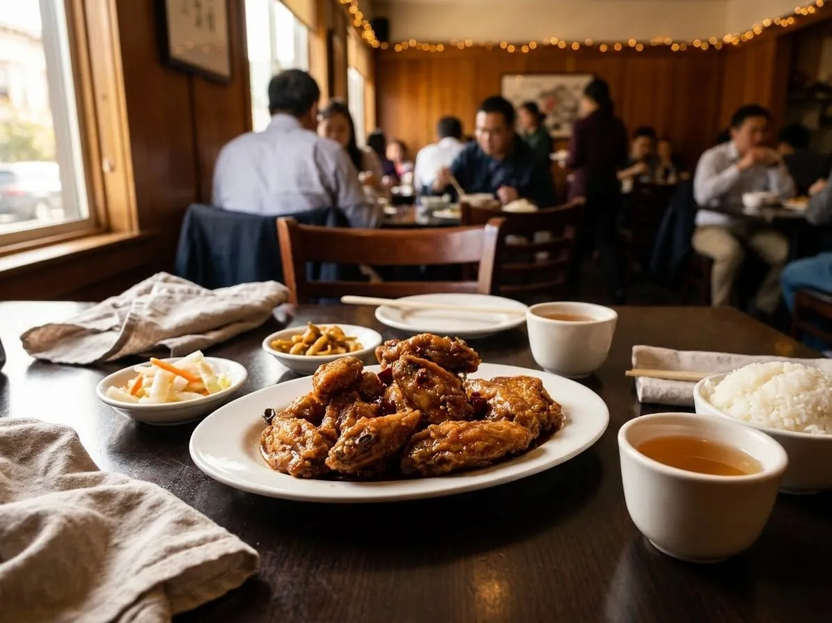 A plate of dry-fried chicken wings on a crowded San Francisco table