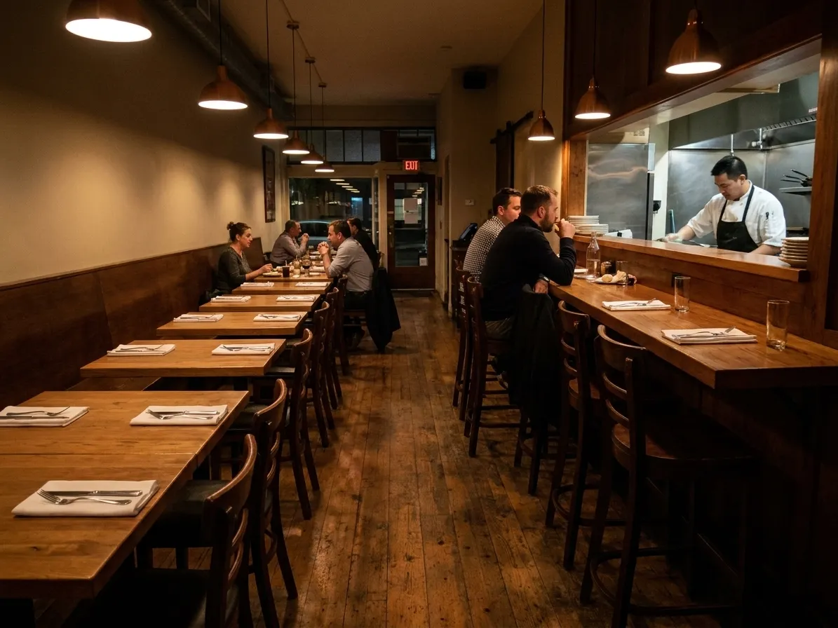 A San Francisco dining room late at night with most tables reset, two still occupied and three people at the bar