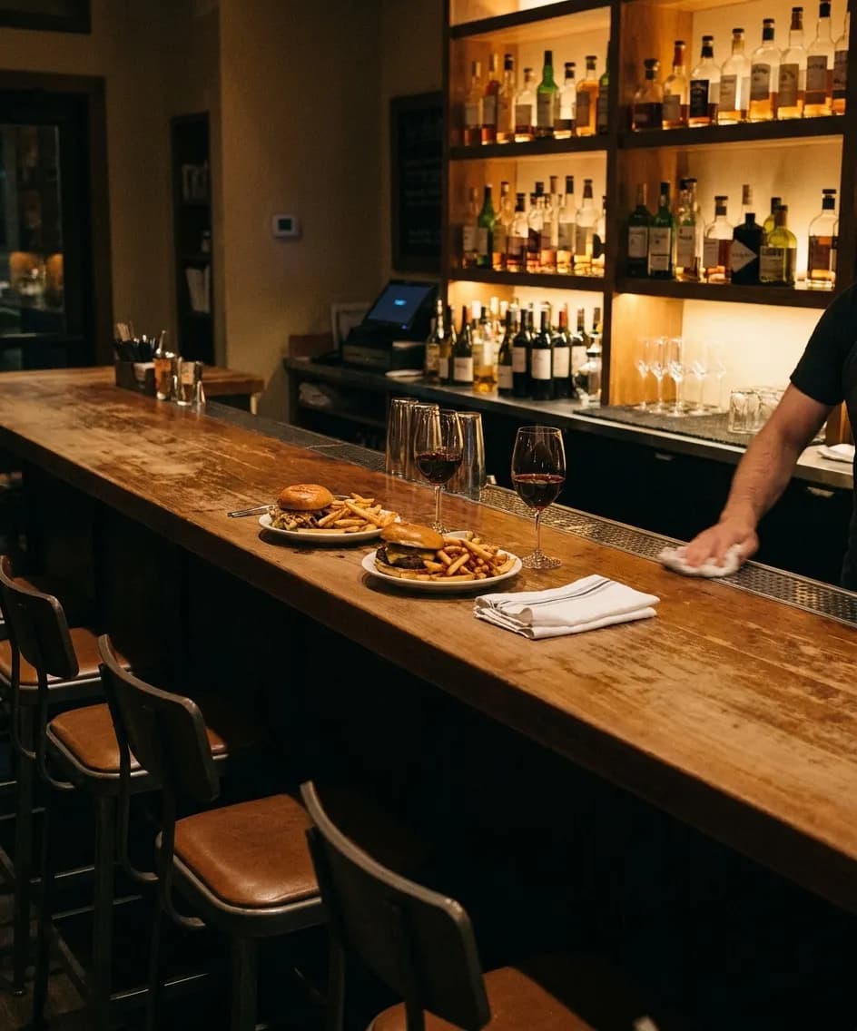A worn wooden restaurant bar after 11pm with two plates of food and two glasses of wine in front of empty stools